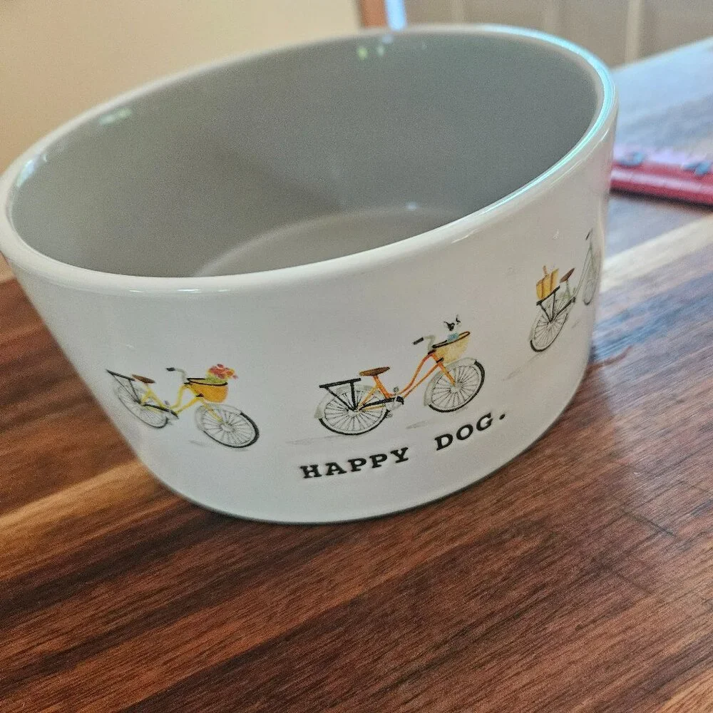 Rae Dunn ceramic dog dish graphics happy dog